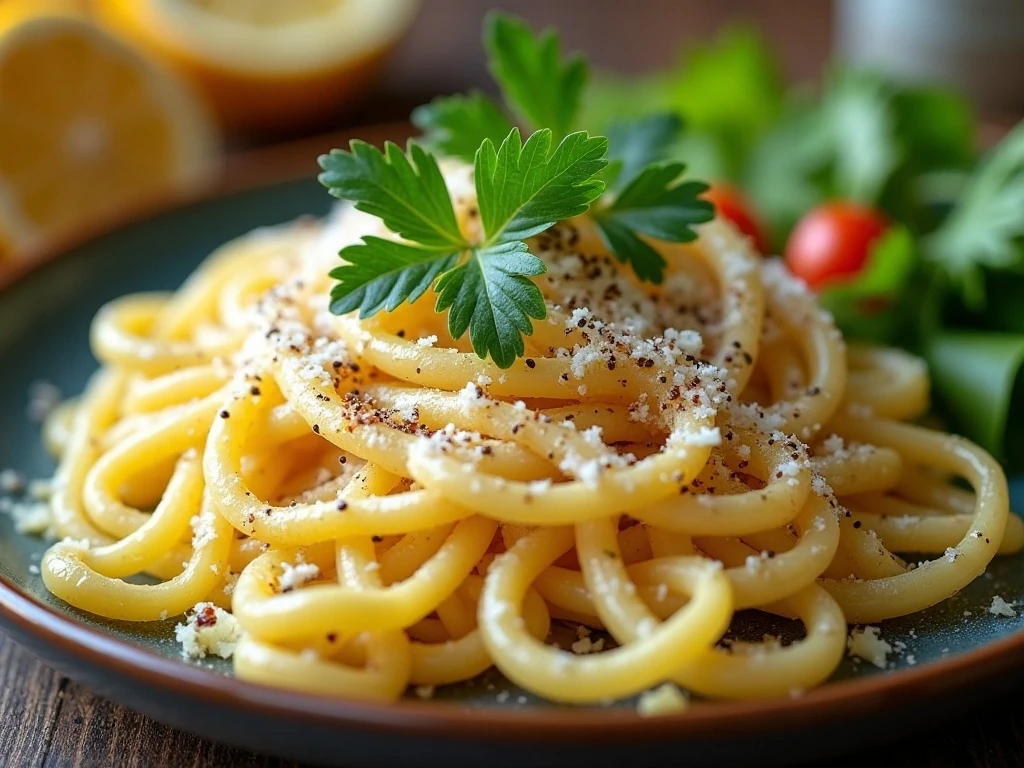Parsley Parmesan pasta with Parmesan, herbs, pepper, and lemon accents
