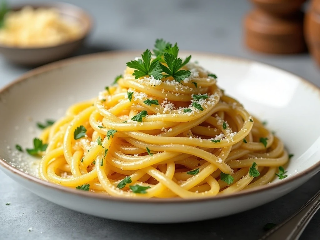 Plated easy parsley Parmesan pasta garnished with fresh herbs and cheese