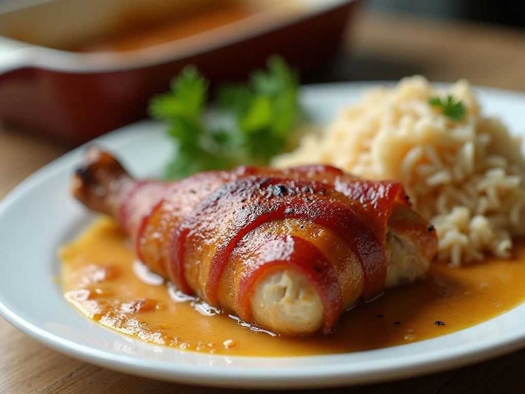 Creamy bacon-wrapped Party Chicken served with rice