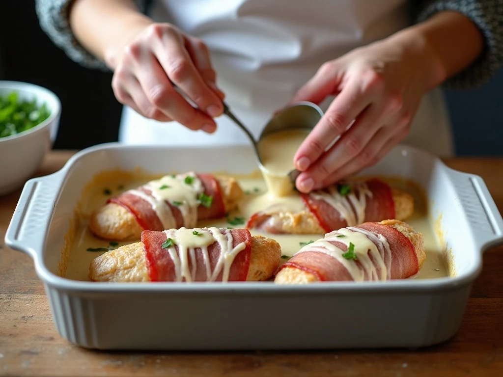 Bacon-wrapped chicken covered with creamy sauce before baking