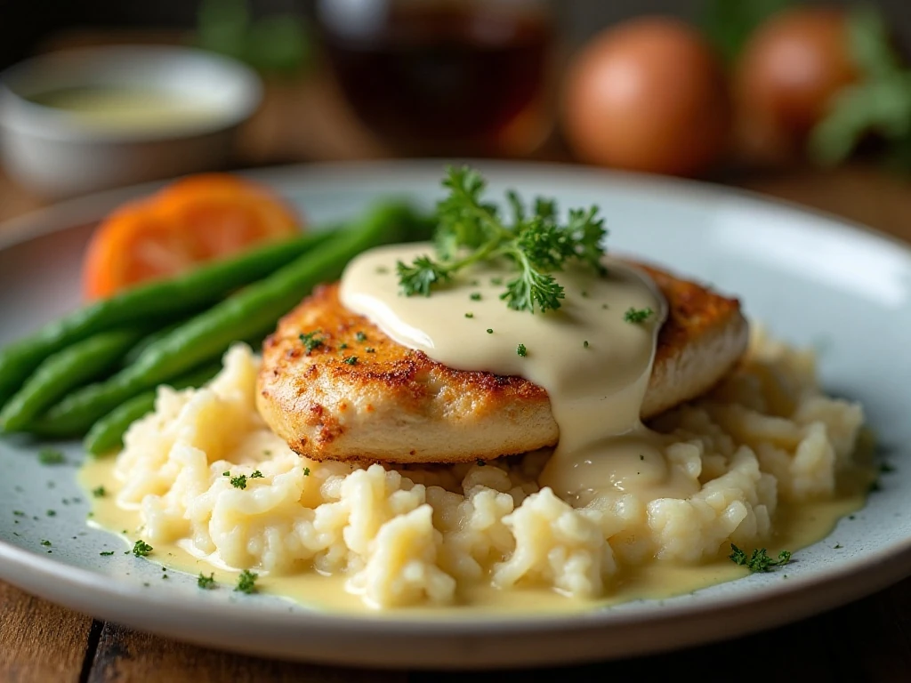 Party Chicken served with mashed potatoes and vegetables