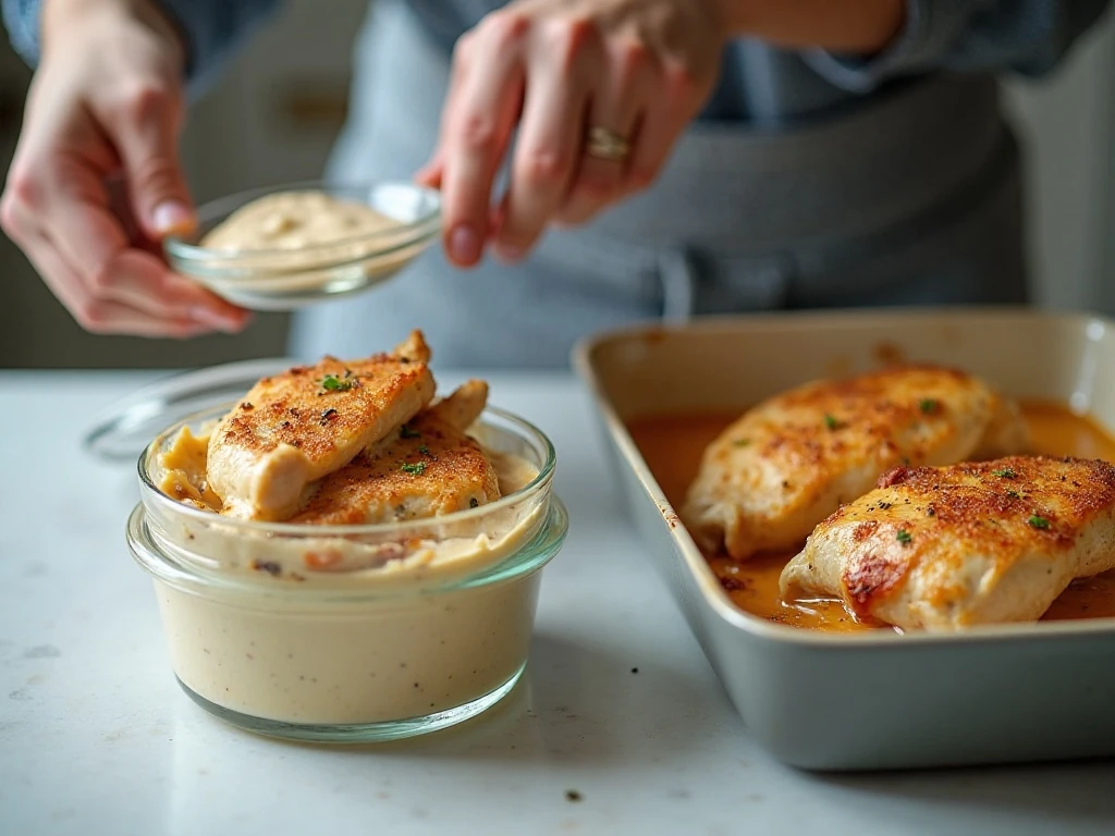 Stored creamy Party Chicken leftovers ready for reheating