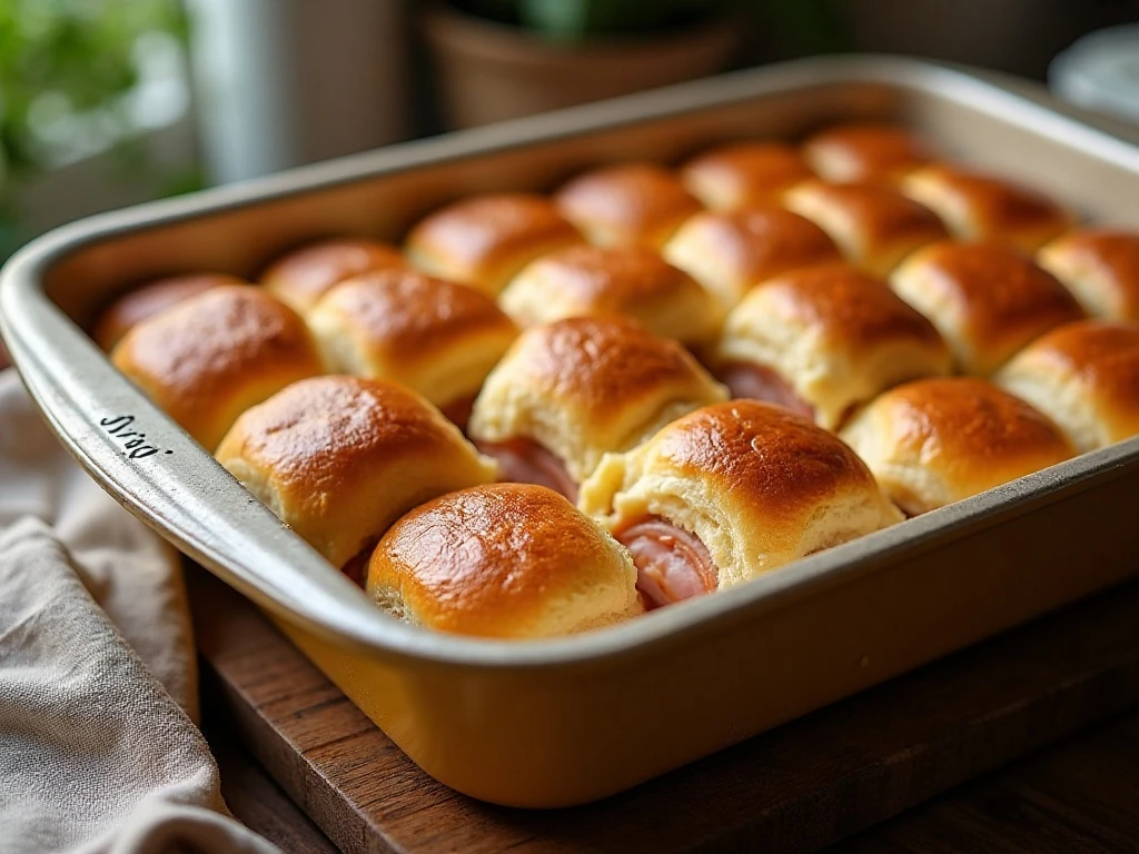 Party-sized baked ham and Swiss sandwich sliders in a baking dish
