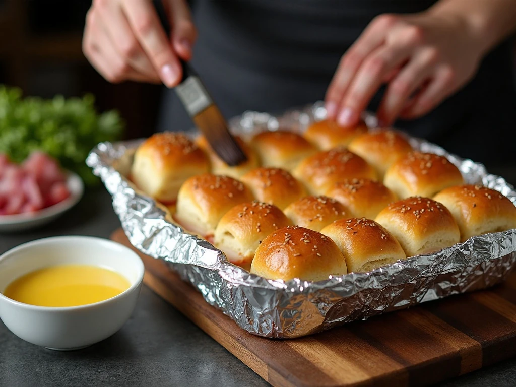 Preparing foil-covered sliders with buttery Dijon topping