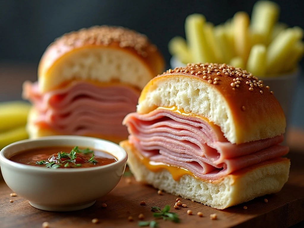 Close-up of a warm ham and Swiss slider with party sides