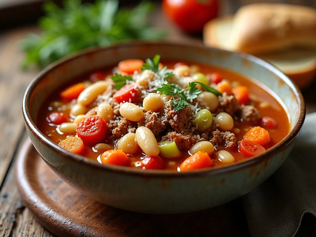 Hearty bowl of classic Italian pasta fagioli soup