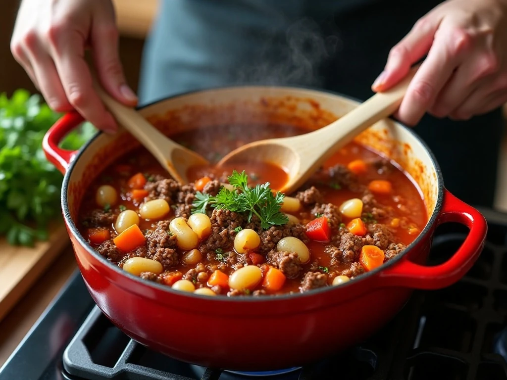 Pasta fagioli simmering in a Dutch oven