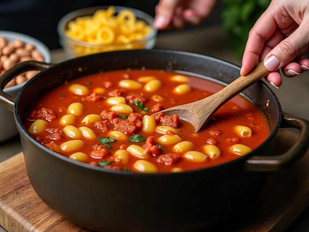 Stirring ditalini pasta into bean and tomato soup