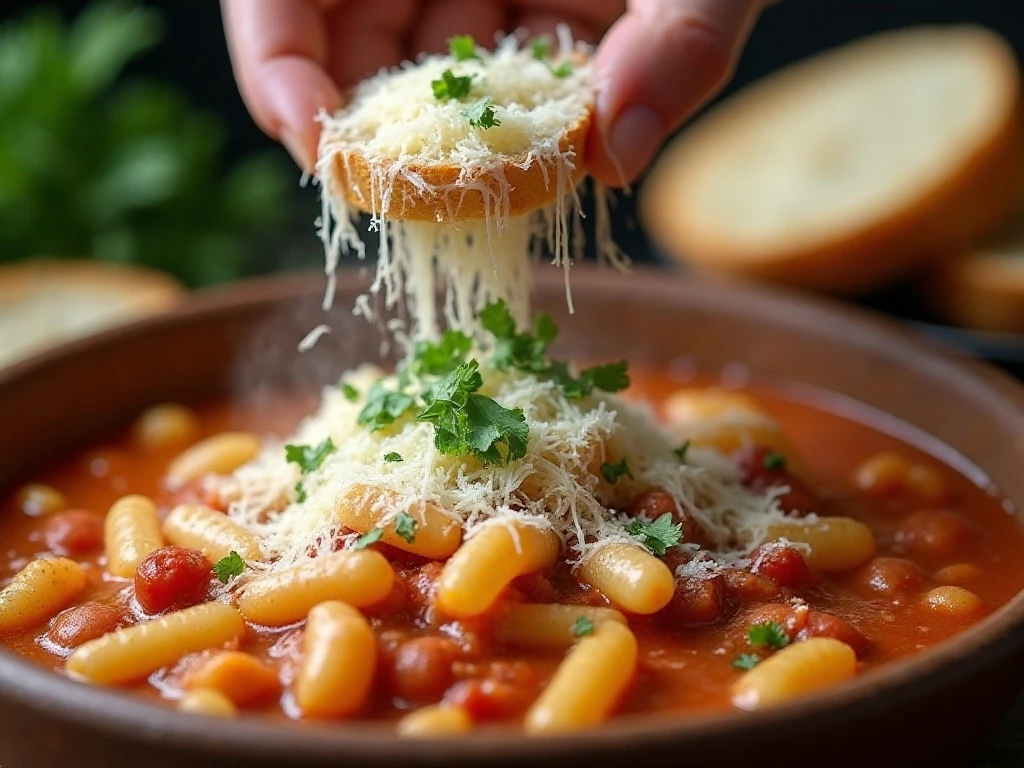 Pasta fagioli topped with Parmesan and parsley