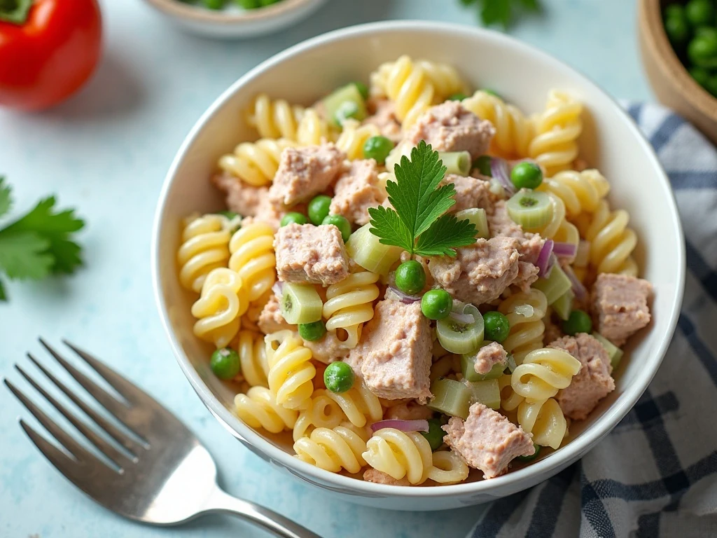 Creamy cold tuna pasta salad served in a bowl