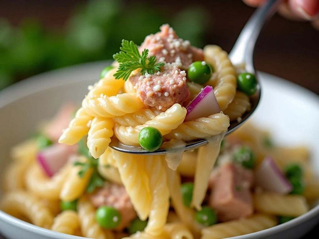 Close-up of creamy dressing coating tuna pasta salad