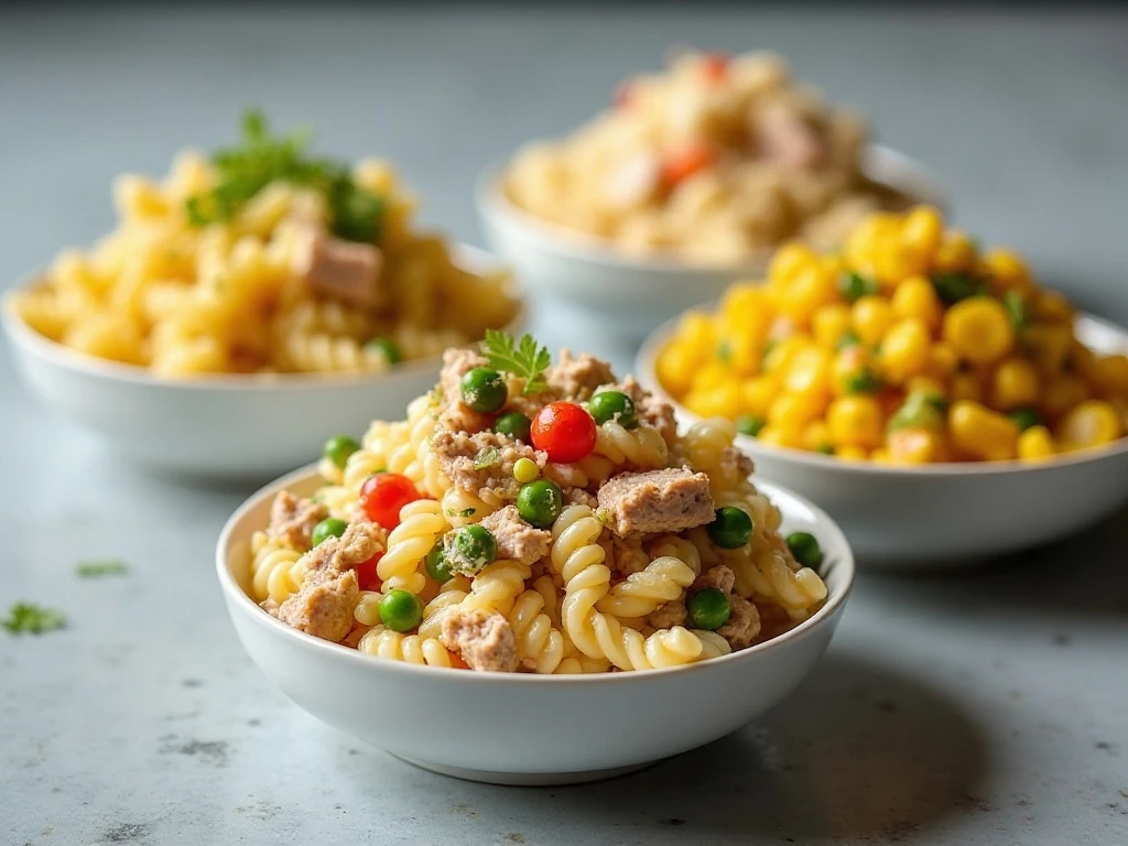 Different variations of cold tuna pasta salad