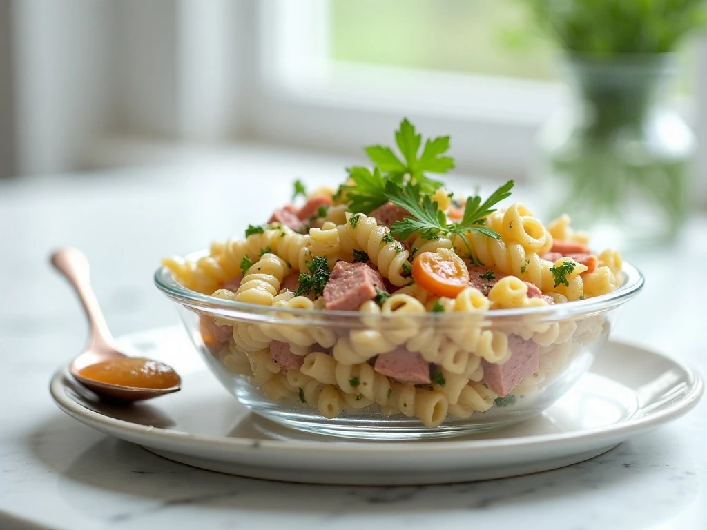 Chilled tuna pasta salad ready for serving