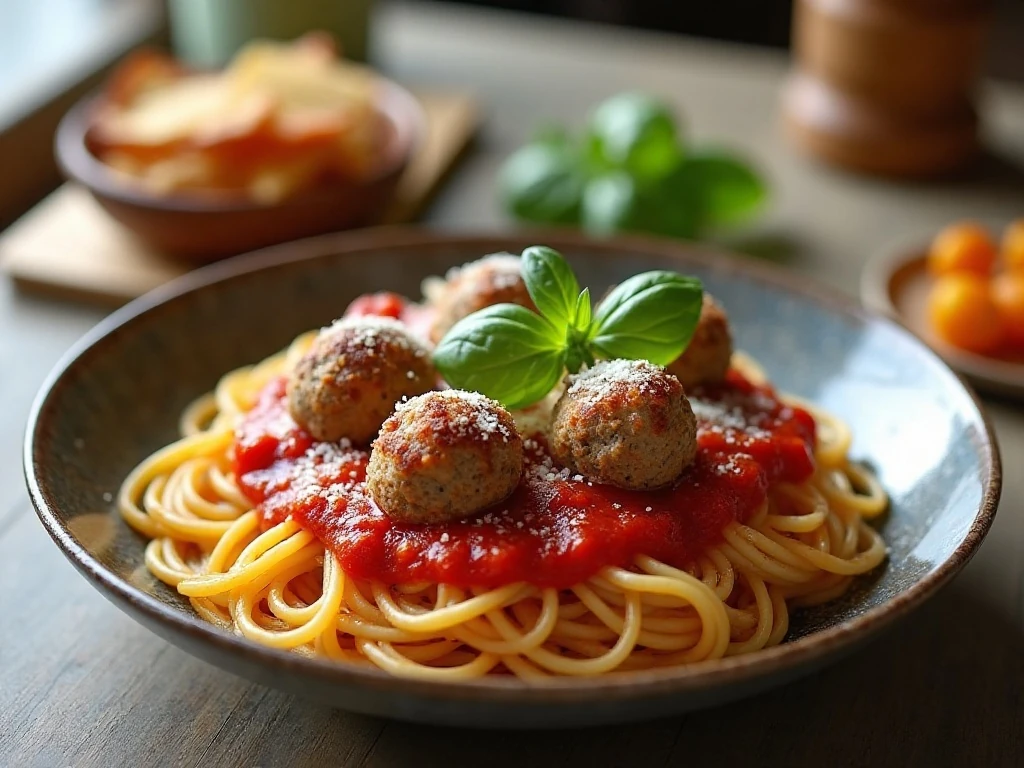 Pasta with bacon, meatballs, tomatoes, Parmesan, and basil