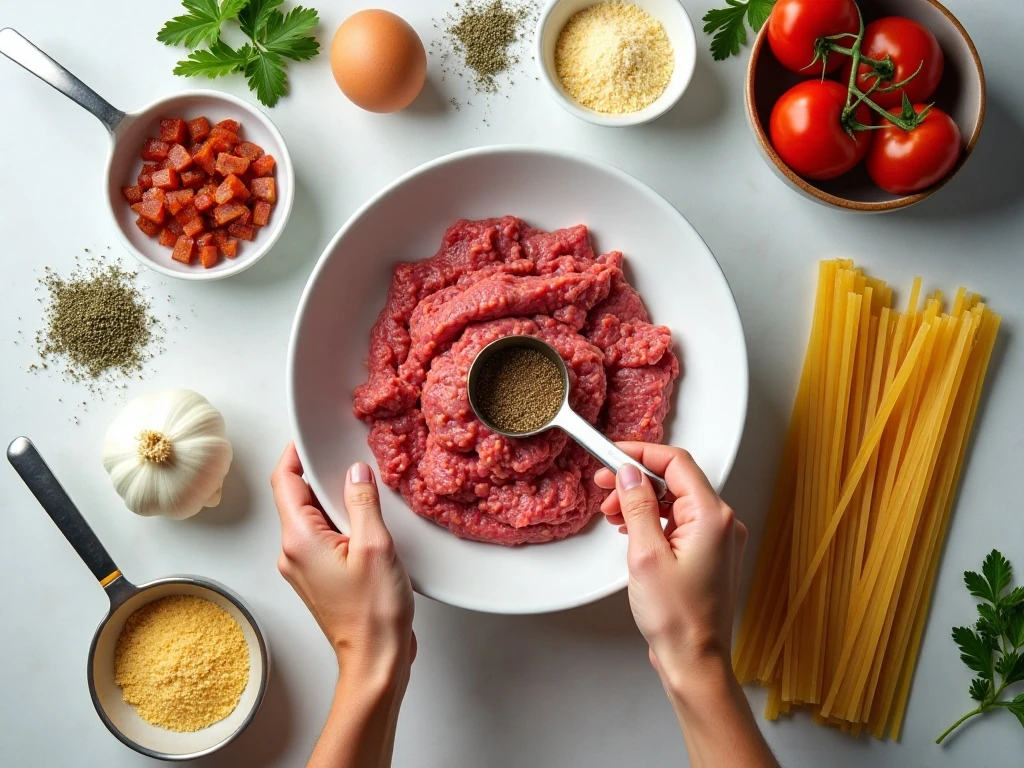 Ingredients for bacon meatball pasta with tomato sauce