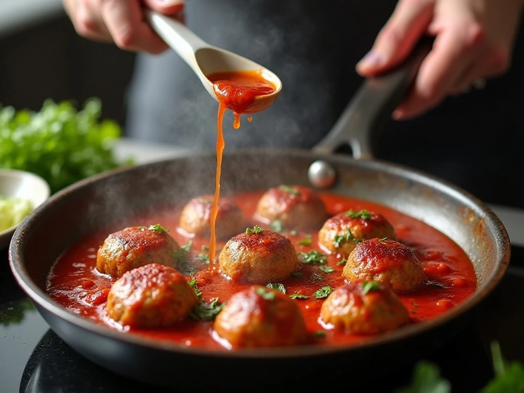 Meatballs simmering gently in bacon tomato sauce