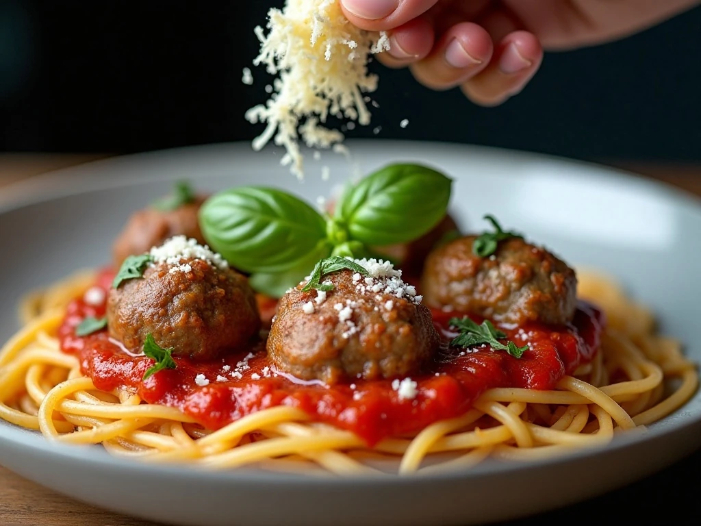 Parmesan and basil garnishing bacon meatball pasta