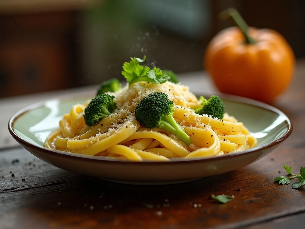 Pasta with broccoli and Parmesan served for dinner