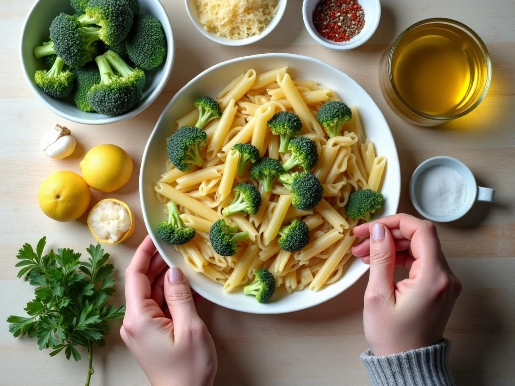 Ingredients for pasta with broccoli and Parmesan