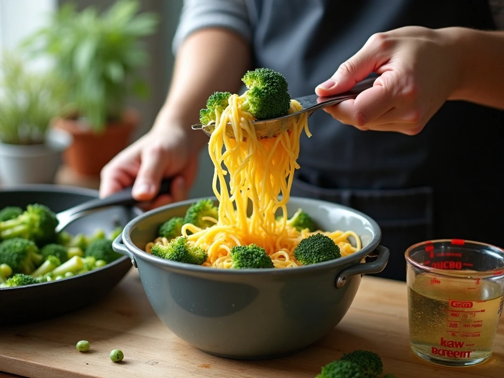 Pasta and broccoli being prepared together
