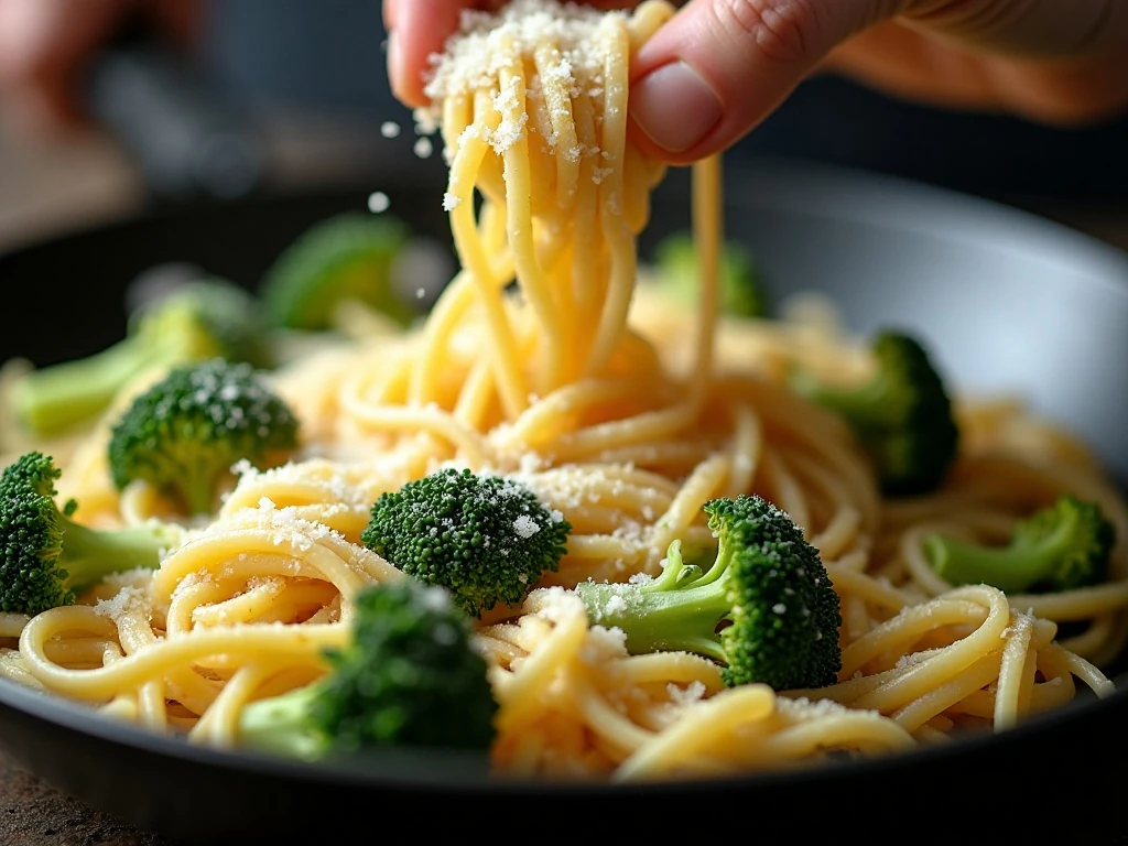 Parmesan pasta sauce forming with reserved pasta water
