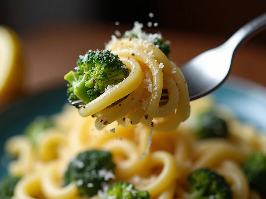 Close-up of broccoli pasta garnished with Parmesan and pepper
