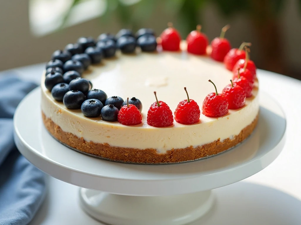 Patriotic cheesecake pie with cherry and blueberry flag topping