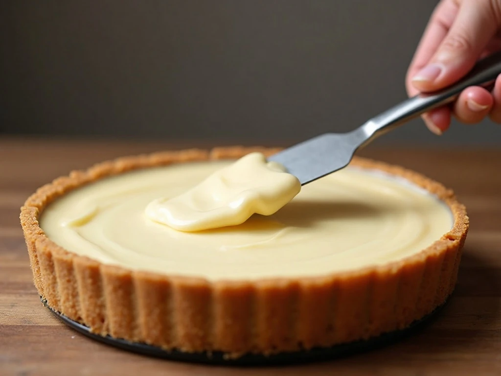 Smoothing creamy cheesecake filling into graham crust