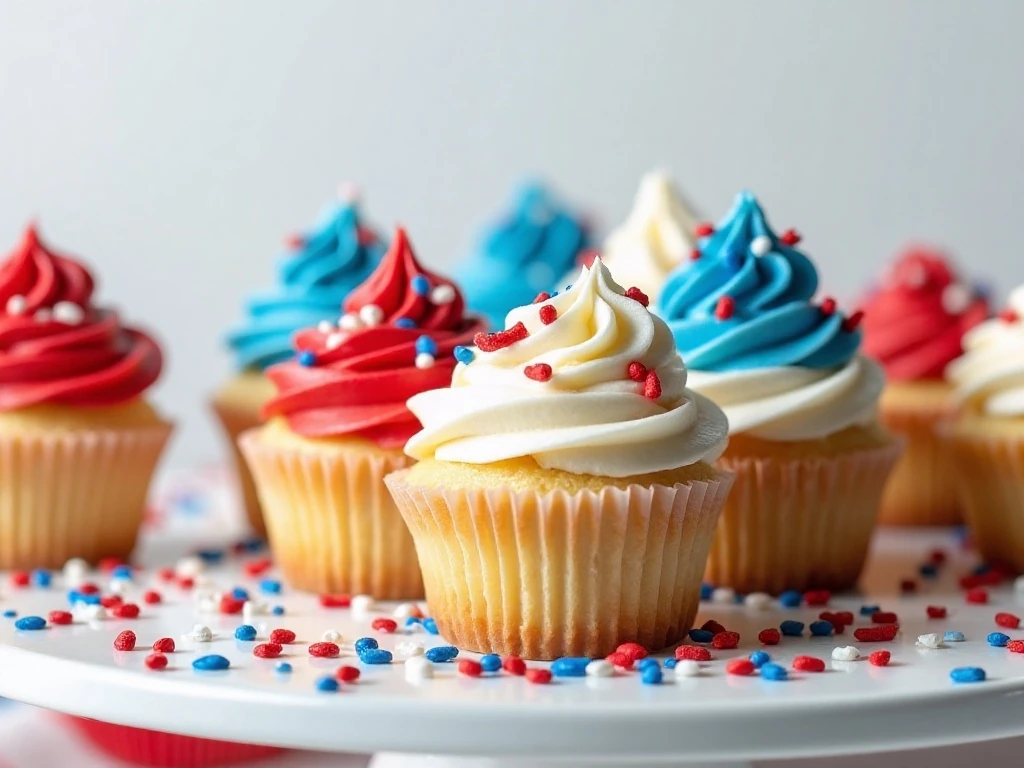 Platter of red, white, and blue patriotic cupcakes