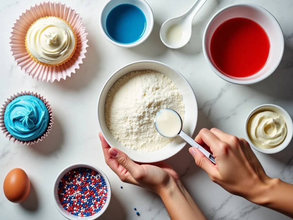 Ingredients for red, white, and blue patriotic cupcakes