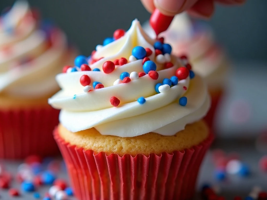 Vanilla frosting and patriotic sprinkles on a cupcake
