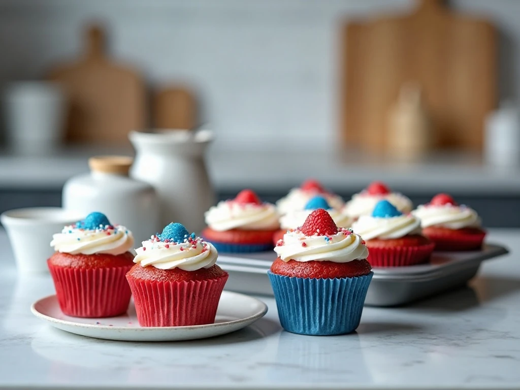 Patriotic cupcakes arranged for storage and serving