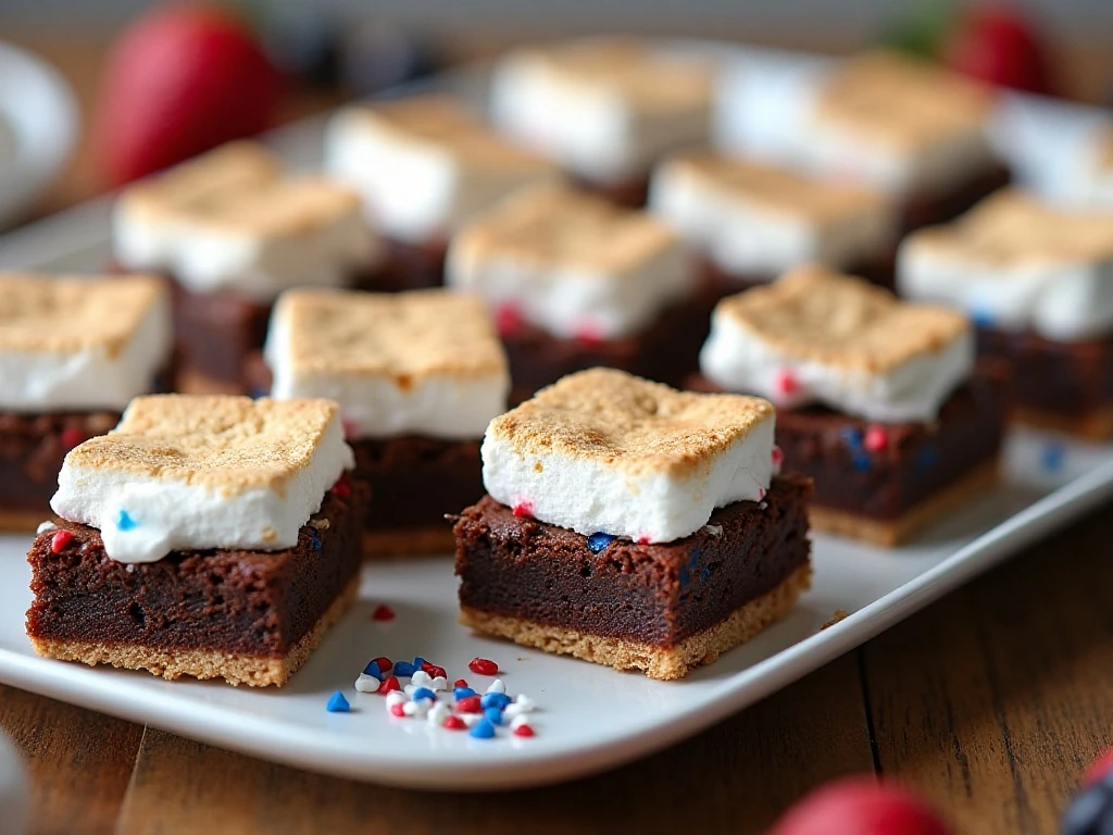 Patriotic s'mores brownies arranged on a serving platter