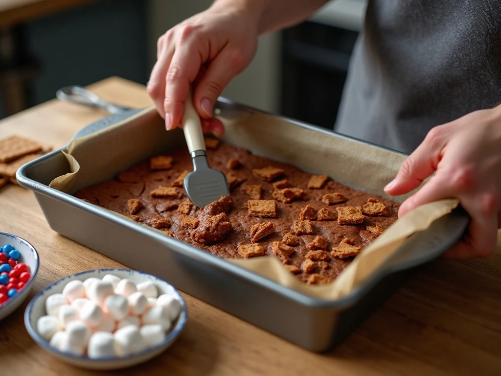 Brownie batter spread over a graham-cracker layer