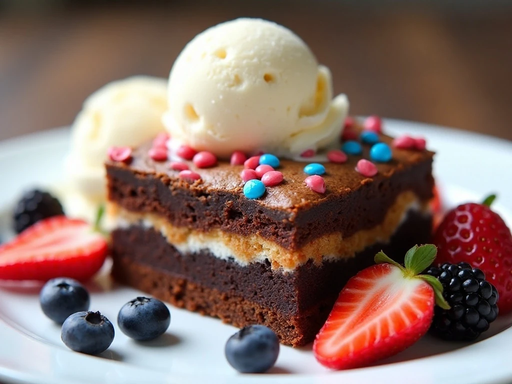 Patriotic brownies served with berries and vanilla ice cream