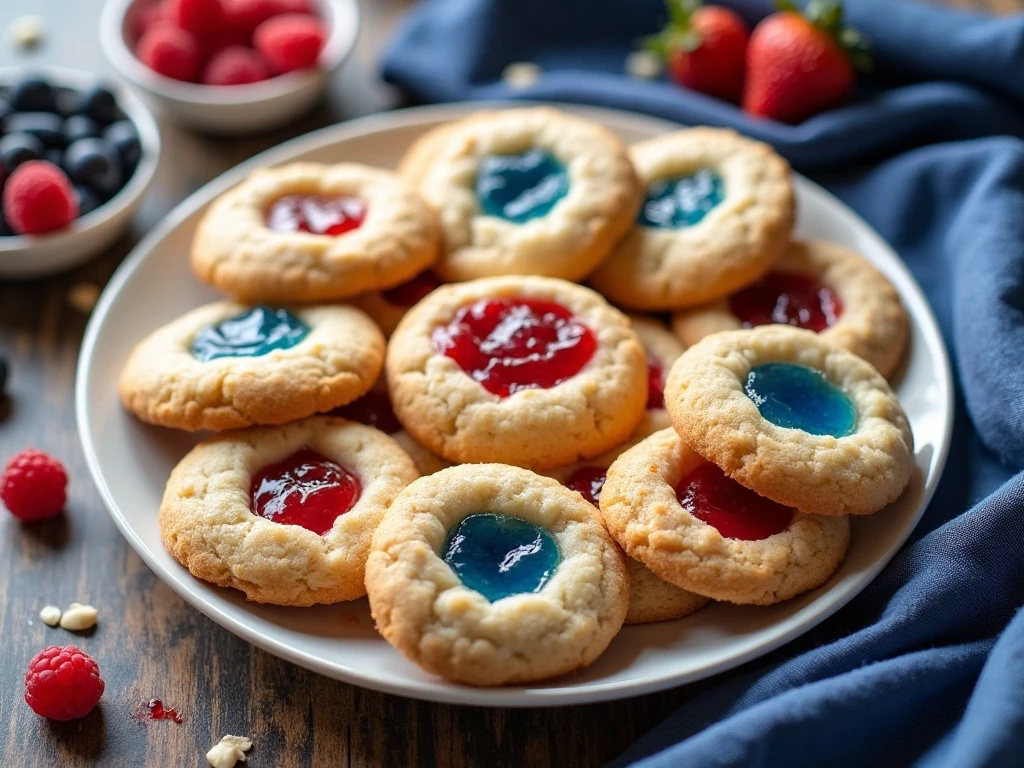 Patriotic thumbprint cookies arranged on a platter for the 4th of July