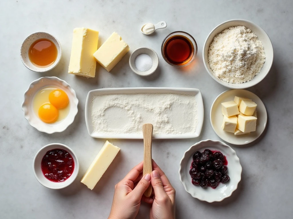 Ingredients for red, white, and blue patriotic thumbprint cookies