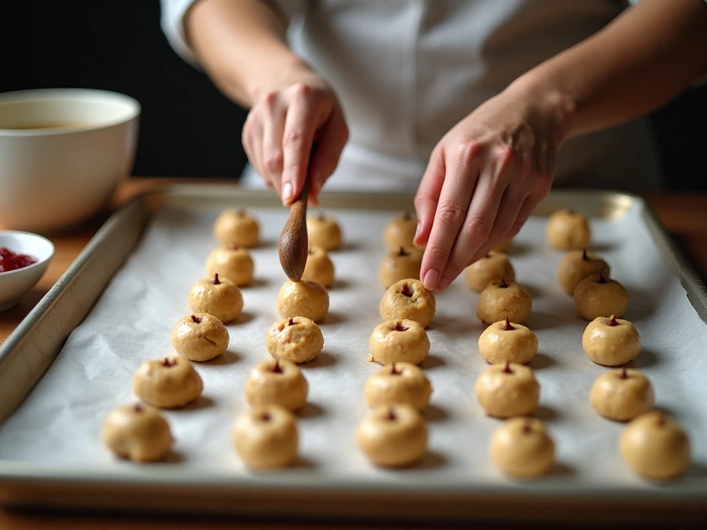 Making thumbprint indentations in cookie dough before adding jam