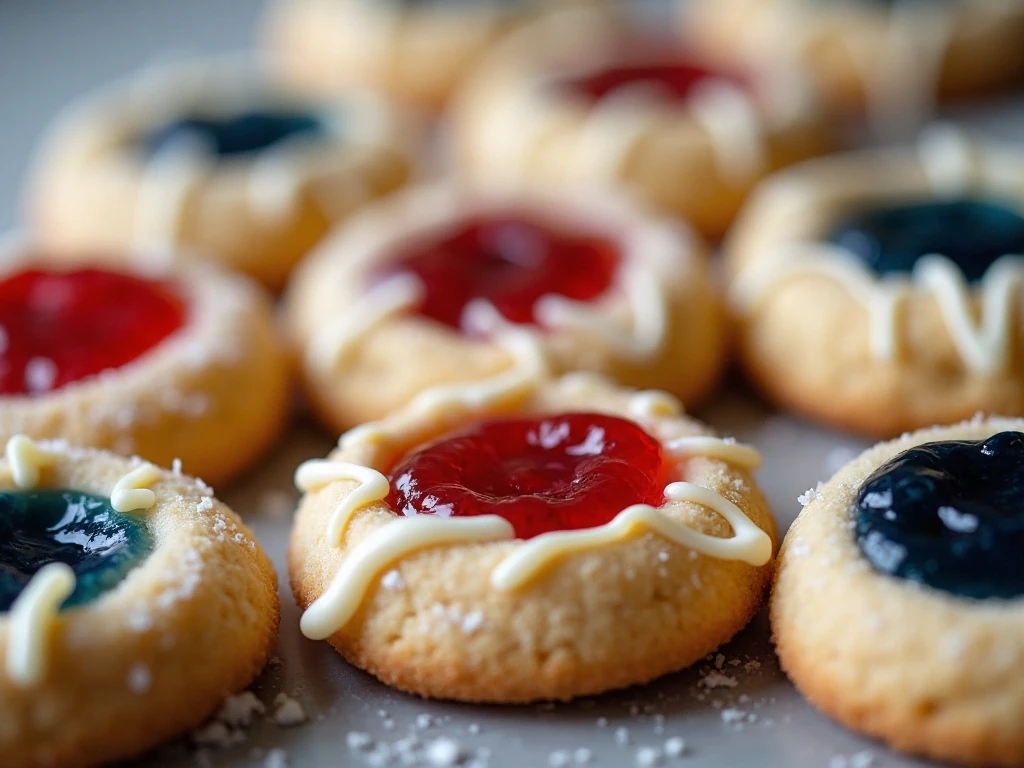 Red, white, and blue decorations on patriotic thumbprint cookies