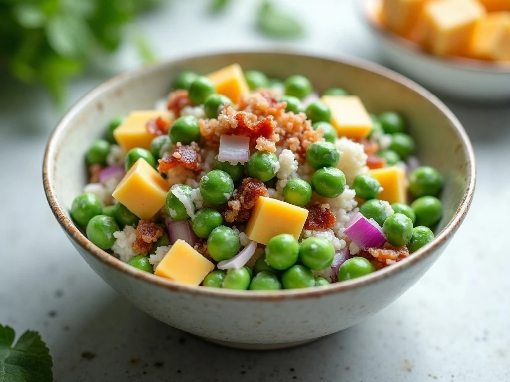 Creamy pea salad with bacon, cheddar cheese, and red onion