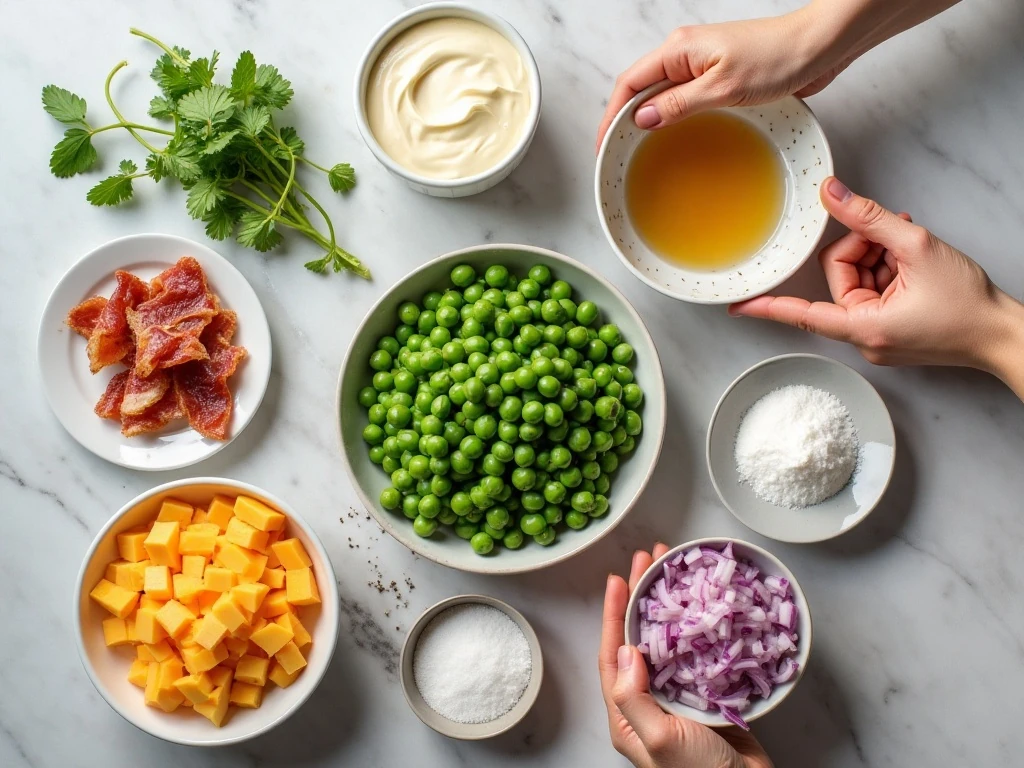 Ingredients for pea salad with bacon and cheese