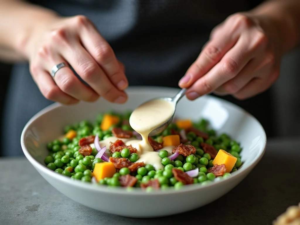 Mixing creamy dressing into pea salad ingredients