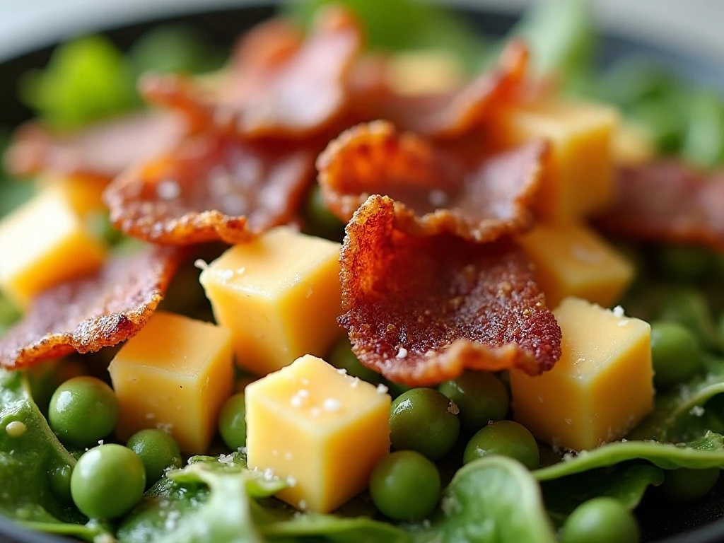 Crisp bacon and cheddar cubes garnishing pea salad