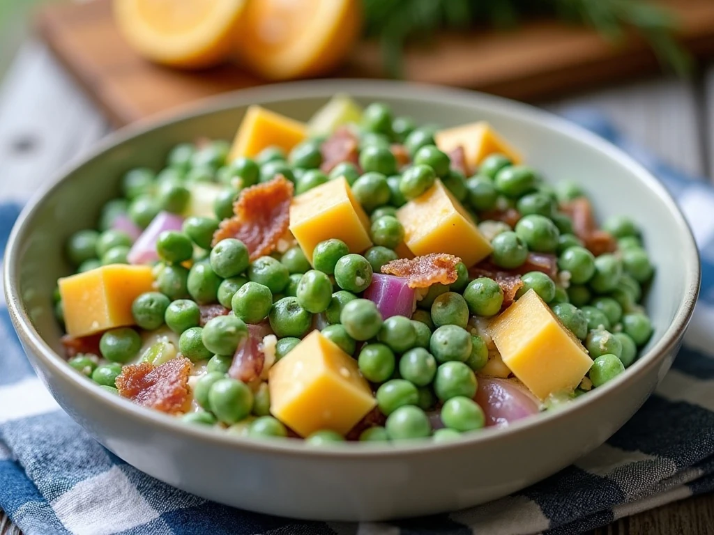 Creamy pea salad with dill dressing, cheddar, vegetables, and bacon