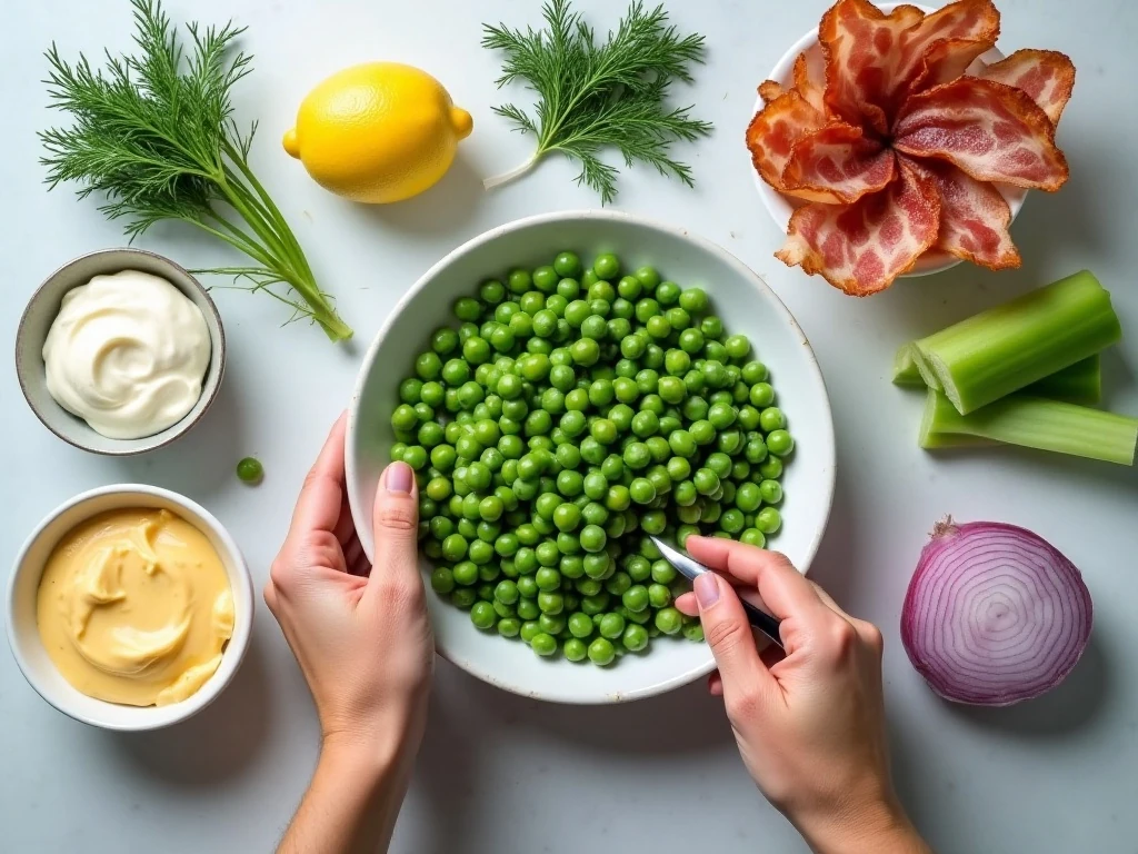Ingredients for creamy pea salad with dill dressing