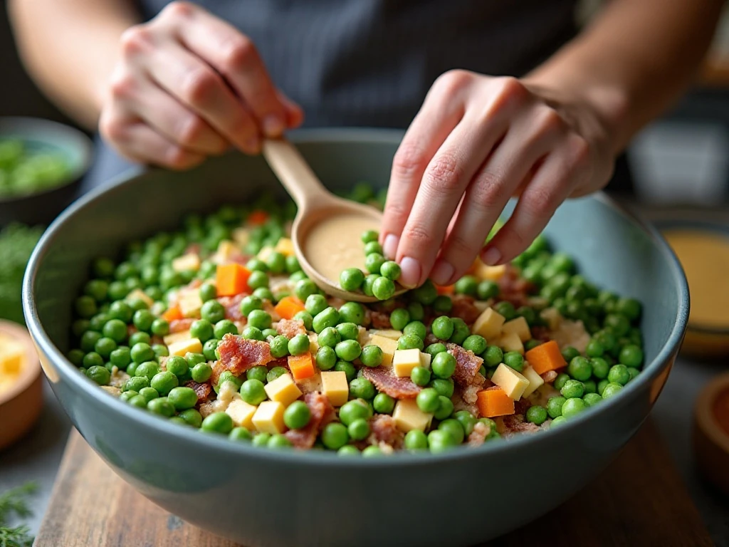Folding creamy dill dressing into pea salad ingredients