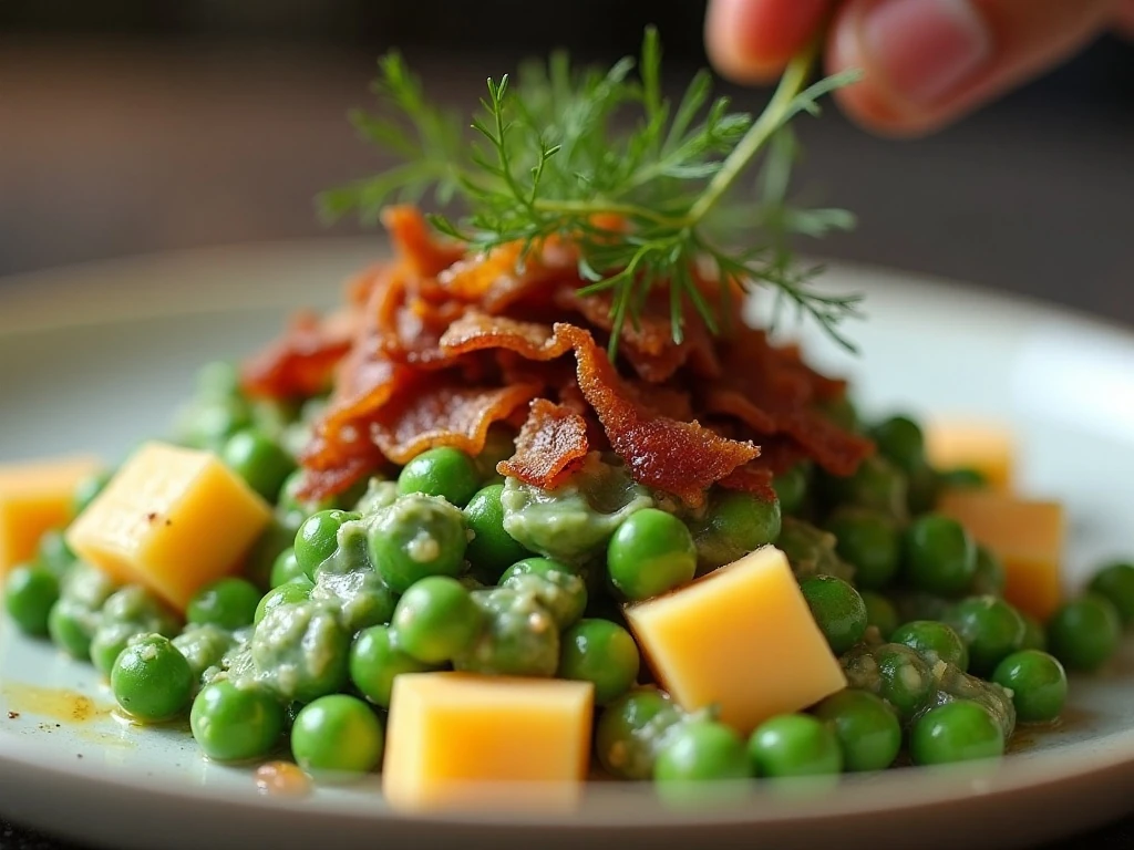 Bacon and fresh dill garnish on creamy pea salad