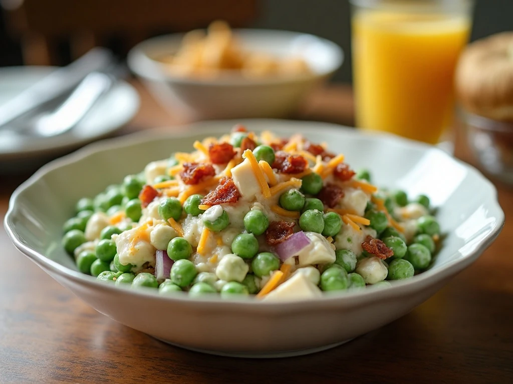 Creamy pea salad with ranch dressing served as a chilled side dish