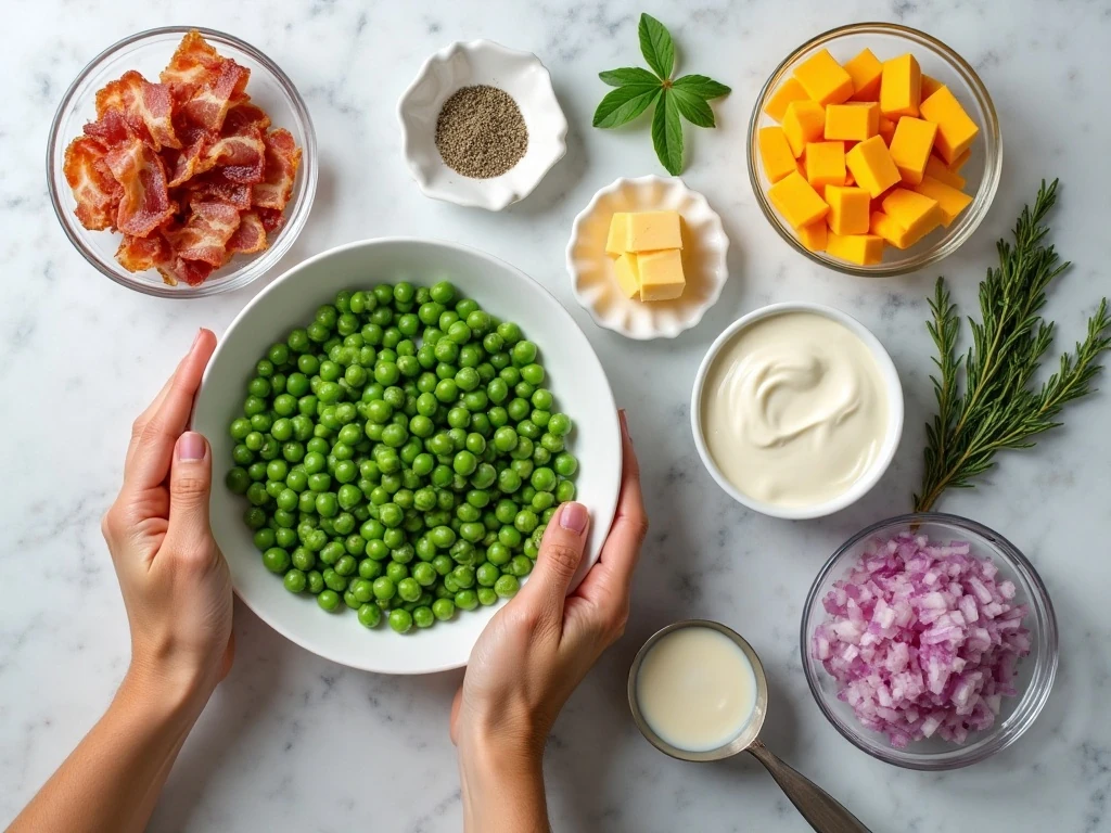Ingredients for creamy pea salad with ranch dressing