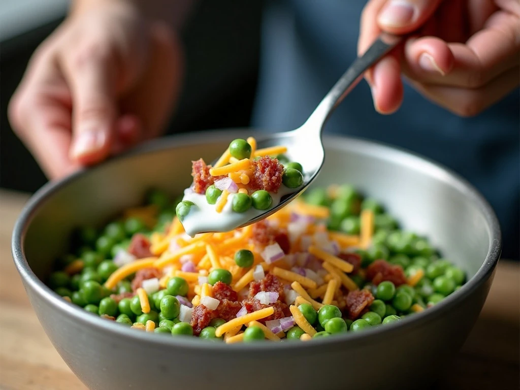 Mixing peas, bacon, cheddar, onion, and ranch dressing for pea salad